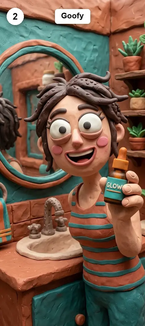 The goofy claymation lane: oversized head, googly eyes, wonky handmade geometry
