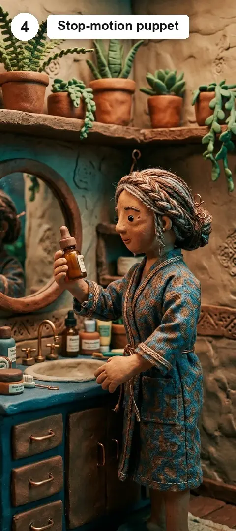 The stop-motion puppet lane: clay figures detailed with real thread, fabric and wire