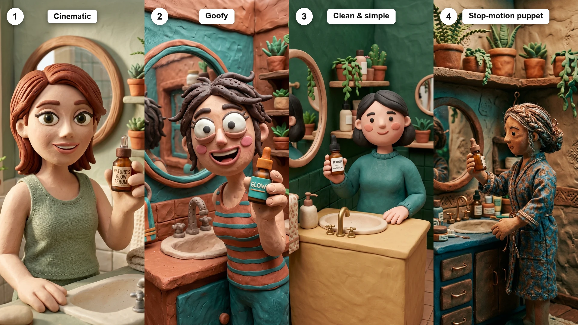 One identical scene rendered in all four claymation sub-styles