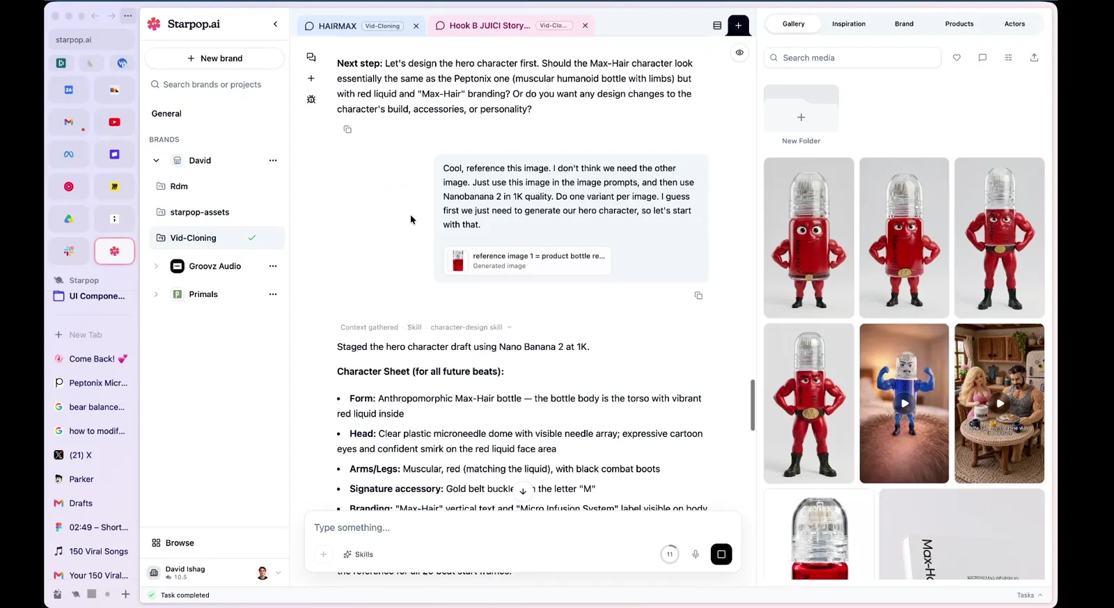 Iterating on the hero character: a Disney-style red bottle character with a face and arms