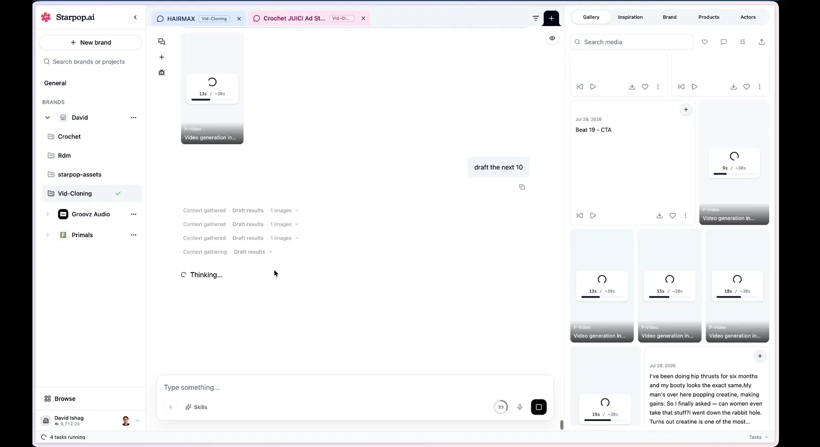 A grid of AI video drafts generating, one per beat