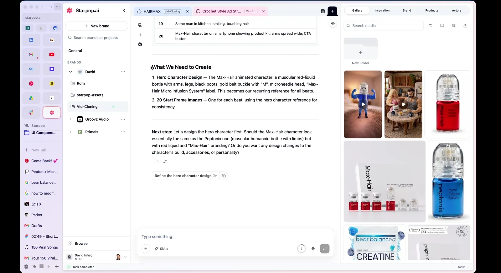 The AI lists what needs to be created: a hero character design and 20 start frame images