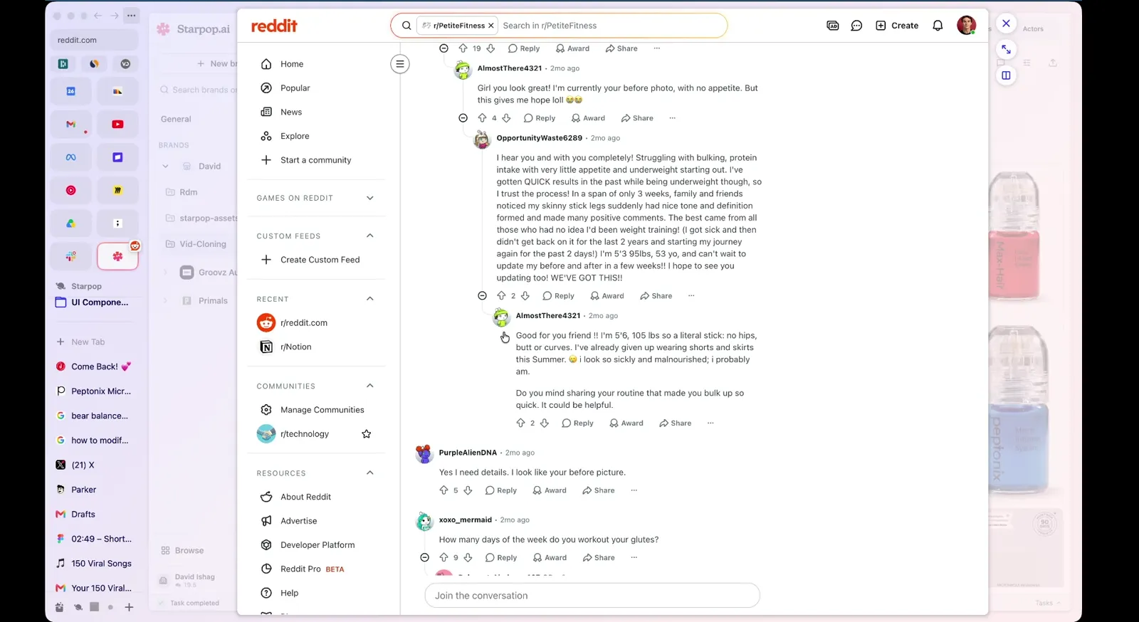 Real Reddit threads from a fitness subreddit, pulled in as customer research