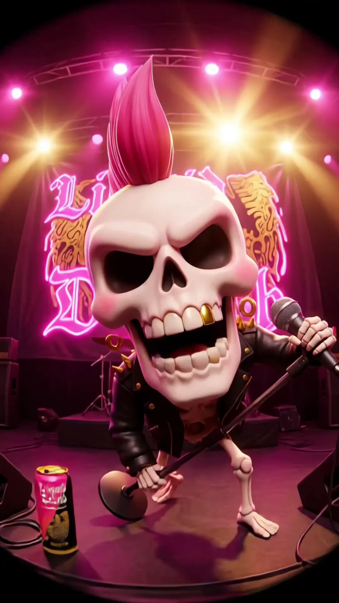 An animated skeleton rockstar performing a product song ad