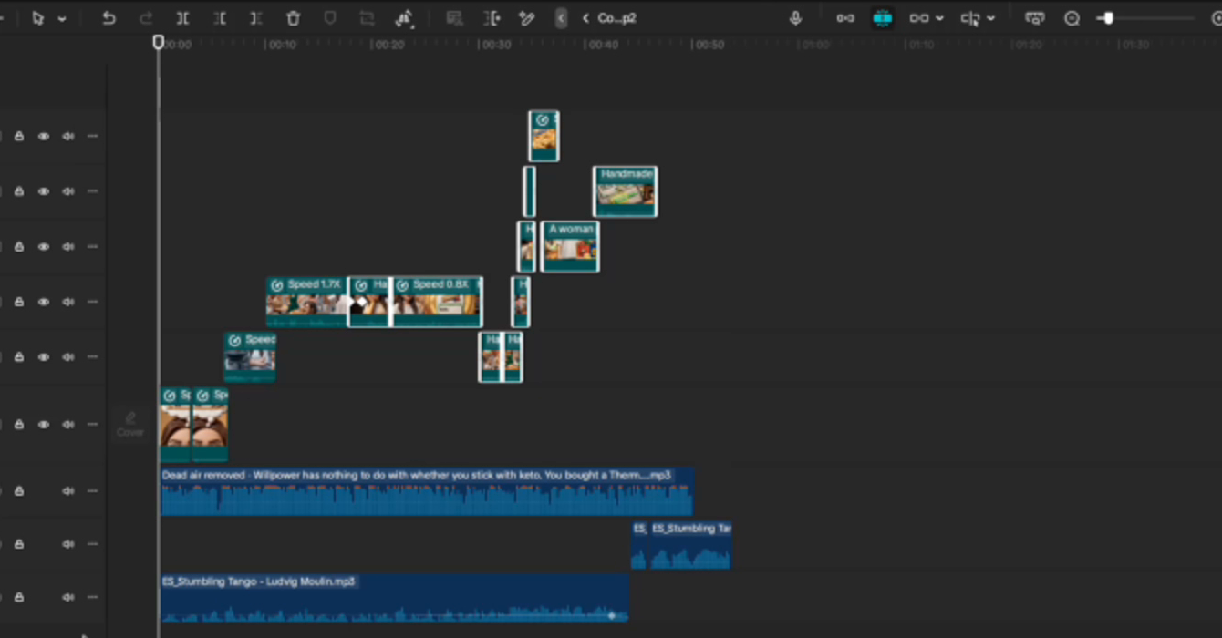 The finished timeline: generated clips stacked above the dead-air-removed voiceover track
