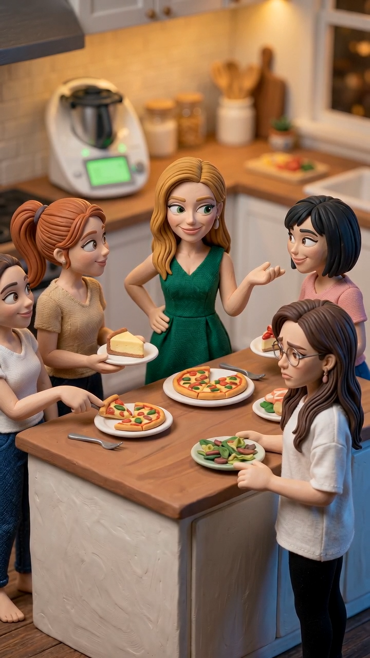 Scene frame: the gathering, friends eating around a kitchen island