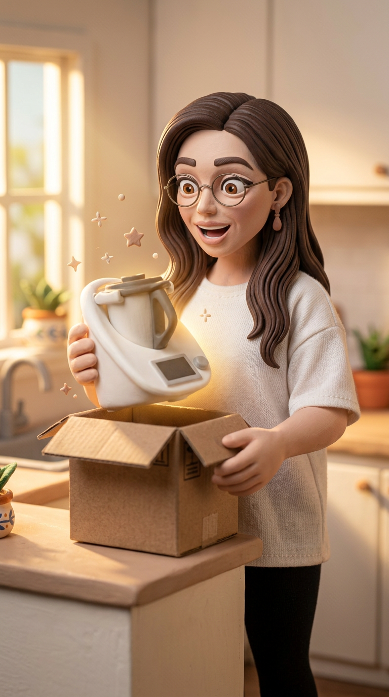 Scene frame: unboxing the Thermomix in warm golden light