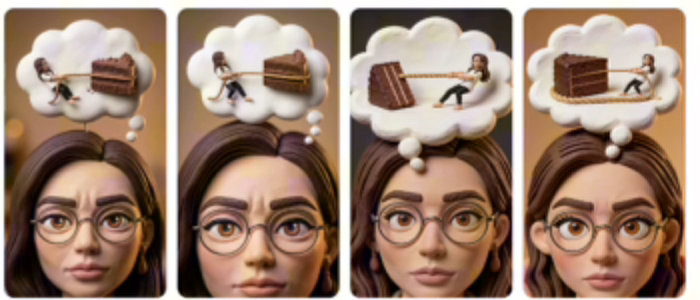 Four generated variants of the hook frame: a tug of war with an anthropomorphic cake monster